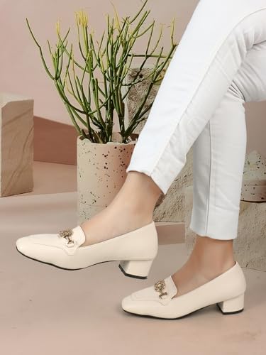 Image of ELLE Women's Square Toe Block Heels Slip-On Pumps with Buckle Detail