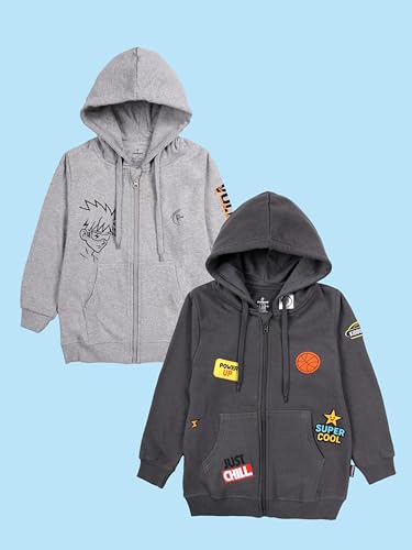 Image of KiddoPanti Boys Solid Cotton Full Sleeve Zip-Up Front Open Hooded Sweatshirt