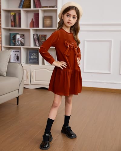 Toddler Girls Fall Dress: Velvet Long Sleeve Bow Tie Dresses for Casual Winter Christmas Holiday Party with 2-7T3