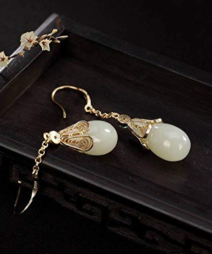 Boucles d'oreilles style chinois en jaspe néphrite anti-ternissement