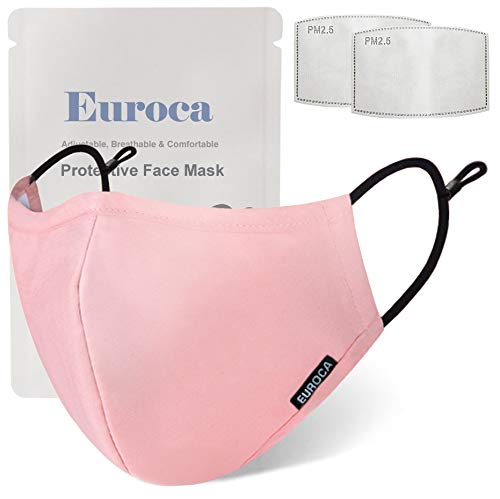 Euroca Face Masks Reusable with Filters Made from Cotton Fabric Washable with Nose Clips Adjustable Ear Loop for Men Women Teens -2 Filters Included (Baby Pink)
