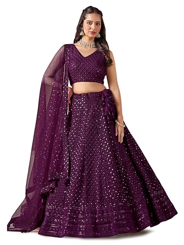 Image of Zeel Clothing Women's Sequins Thread Embroidered Georgette Lehenga Choli With Dupatta (5124-Women-Lehenga-Choli-New; Free size)