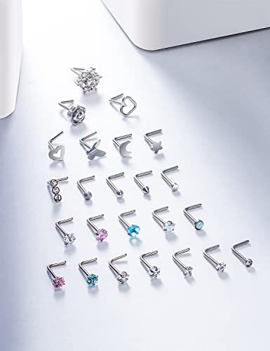 Prjndjw 20G Surgical Steel Nose Rings For Women Men Hypoallergenic Nose Piercing Indian Cute Cz Diamond Small Silver Heart Star L Shape 20 Gauge Hight Nostril Nose Rings Studs Piercing Jewelry #TOP1