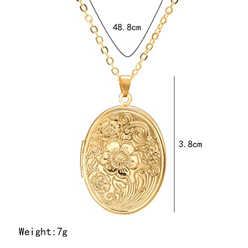 Vintage Engraved Flower Empaistic Photo Locket Hold Picture Oval Round Pendant Necklace Antique Carved Pattern Souvenir Memorial Clavicle Jewelry For Women-Gold #TOP1
