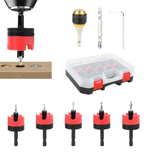 Juego de brocas avellanadas de madera de 7 piezas, vástago hexagonal de cambio rápido de 6 mm con tope de profundidad para instalación de bisagras, carpintería, carpintería, construcción de muebles