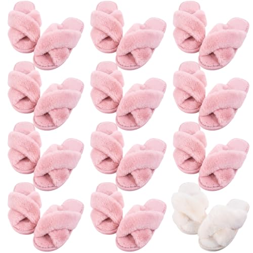 Image of 12 Pairs Women's Fuzzy Slippers Cross Band Open Toe Bridesmaid Fluffy Comfy House Slippers for Indoor Outdoor Wedding