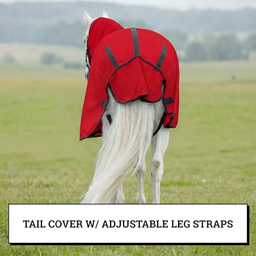 Image of Horse Fly Sheet with Attached Neck Cover & Tail Flap | UV Protection Mesh Horse Blanket, Full Body Bug & Sun Shield, Buckles, Belly Wrap & Gussets for Spring Summer Riding Rug (Red, 68 inch)