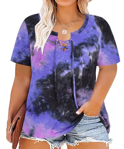 Image of CARCOS Womens Plus Size Tops Short Sleeve Shirts V Neck Tunic Floral /Tie Dye /Solid Summer Tees XL-5X