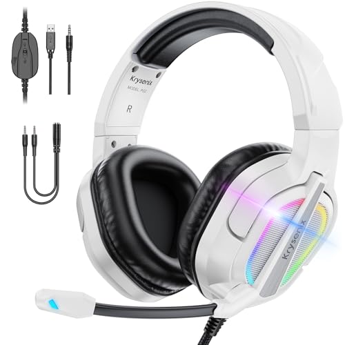 Krysenix PG2 RGB Gaming Headset für PS4, PS5, PC, Xbox, Nintendo Switch,Ps5 Gaming Headset mit Mikrofon, Over-Ear Kopfhörer,Ps4 Kopfhörer mit 3,5mm Klinke,Strahlendes Weiß