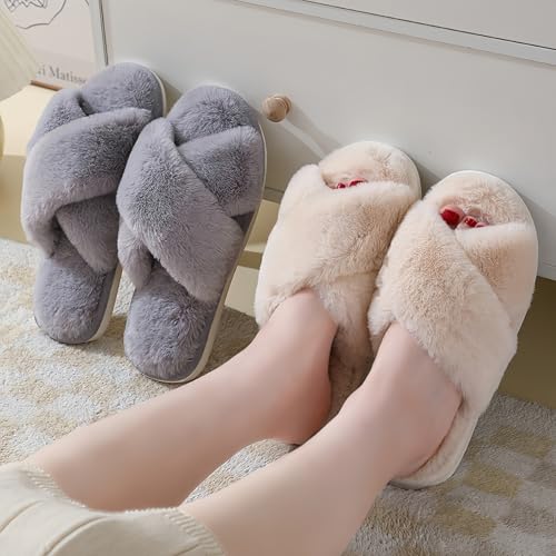 Fuzzy Slide Slippers for Women – Open Toe Faux Fur House Shoes with Memory Foam, Cute Indoor Bedroom Slippers for Ladies & Teens4
