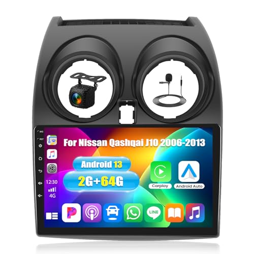 OiLiehu 2+64G Android 13 Autoradio pour Nissan Qashqai J10 2006-2013 avec CarPlay Android Auto sans Fil, 9“ Écran Tactile Autoradio avec Navi Lien Miroir WiFi...