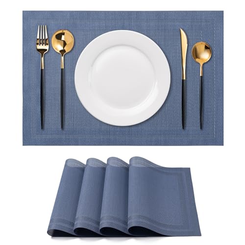 CADONO Placemats Set of 4 Washable Indoor/Outdoor Vinyl Place Mats for Dining Table Durable Non-Slip Heat Resistant PVC Weave Table Mats(Simple Style-Deep Blue)