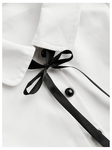 Verdusa Girl's Y2k Cinched Crop Blouse Tie Front Puff Sleeve Ruffle Button Down Collar Shirts3