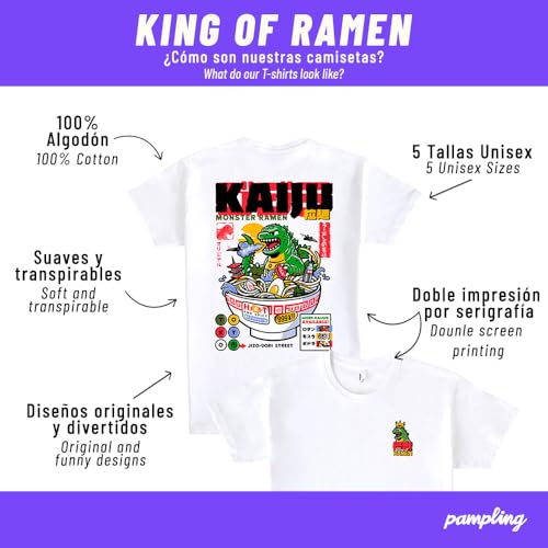 Pampling Camiseta de Manga Corta Estampada, 100% Algodón, Doble Impresión, Ropa Unisex para Hombre y Mujer, Serigrafiada con Cuello Redondo y Corte Recto, Color Blanco (King of Ramen, L)