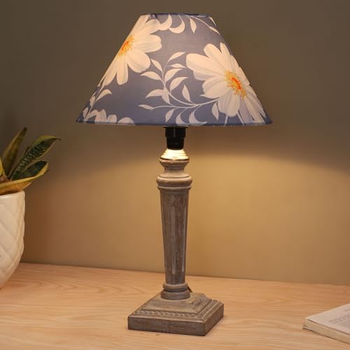 Image of tu casa Hand Carved Equine Mangowood Table Lamp for Home Decoration, Bedroom, Living Room, Lounge, Office, Festival Gifting, Study Table (Narcissue Floral Print with Satin Shade) H - 15 inch / No Blub