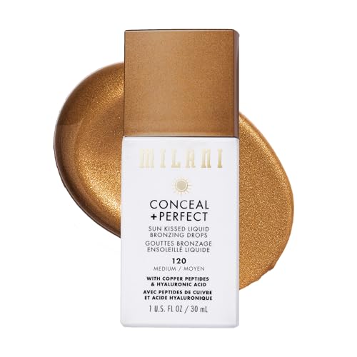 Milani Bronzer- Sun Kiss Bronzing Drops, Conceal + Perfect Liquid Bronzer for Sheer, Weightless Coverage & Hydration enriched with Peptides & Tripeptides - Medium