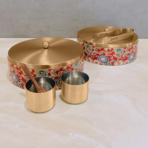 Image of Wooden Masala & Chapati Box Combo - Wooden Masala Box (7 Stainless Steel Jars + Spoon) & Wooden Chapati /Roti Box (Stainless Steel Brass Lid + Tong) - Red & Golden (Printed)