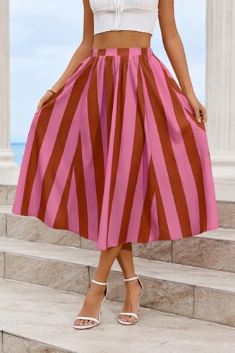 Image of Cicy Bell Womens Summer Striped Maxi Skirts A-Line Beach Vacation Outfits | Elastic Waist, Side Pockets, Flowy, Midi Length, Color Contrast, Trendy Casual