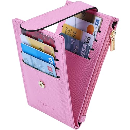 Image of Chelmon Women's RFID Slim Card Holder Wallet | Thin Bifold Multi Card Case with Zipper Coin Pocket Purse for Women(Pink)