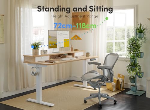 Image of FEZIBO 55 x 24 Inch Height Adjustable Electric Standing Desk with Double Drawer, Computer Desk, Home Office Stand Up Table with 4 Height-Adjustable Feets & 2 Hooks, Light Rustic