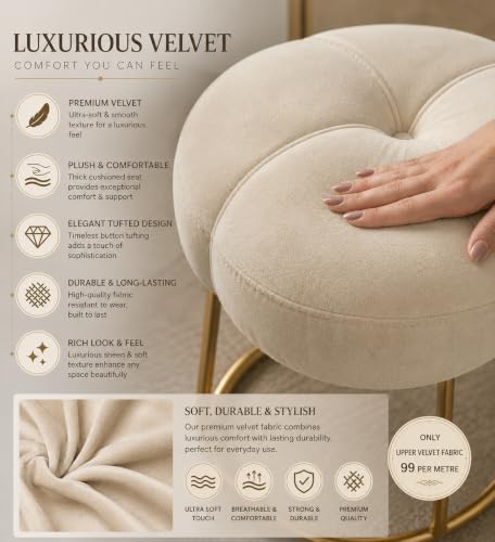 Image of Flower Ottoman Foot Stool for Bedroom and Living Room, Round Makeup Vanity Chair with Metal Legs and Soft Padded Seat-Fabric White