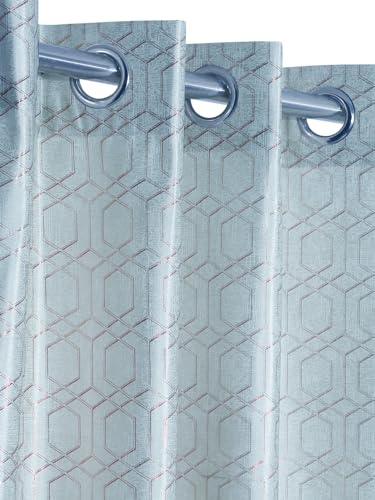 Image of Cortina Striped Light-Filtering Polyester Curtains 5 feet Long Set of 2 for Window [ Opacity: 50-60%, Color: Light Blue, Knitting Foil Curtains -160 GSM ]