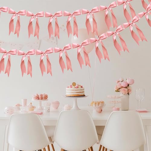 Image of 2pcs Bow Garland Banner Ribbon Bow Party Decorations for Baby Shower Decor Tying The Knot Girls Bow Coquette Birthday Party Decoration (Peach Pink)