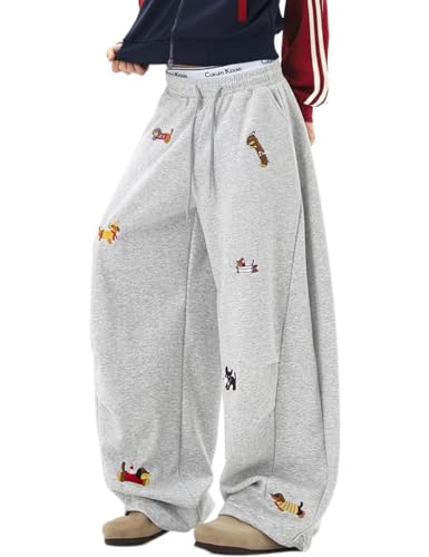 DAZZLZZAD Womens Baggy Sweatpants Fashion Animal Embroidered Dachshund Elastic Drawstring Pants Y2k Trousers Grey