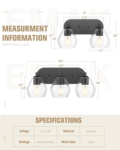 Image of Emak Black Bathroom Light Fixtures Over Mirror, 2-Light Vanity Light with Clear Glass Shade, Modern Farmhouse Vanity Lights for Bathroom, VL129-BK-CG-2