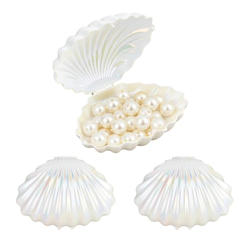 PH PandaHall 3 cajas de caramelos de conchas marinas, contenedor de almacenamiento de joyas con forma de concha de plástico, cajas blancas para sirena, playa, boda, fiesta de cumpleaños, decoración