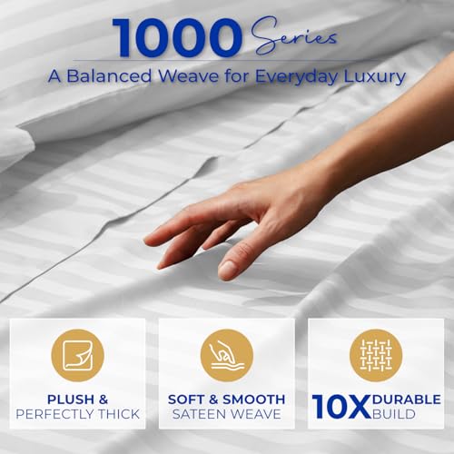 Image of THREAD SPREAD California King Bed Sheets, Luxury 1000 Series Paradise Collection 100% Egyptian Cotton Damask Striped Cal King Sheets Set (4 PC, White Stripe), 16 inch Deep Pocket Hotel Sheet Set