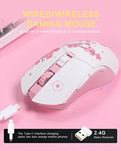 DAREU Sakura Pink Wireless Wired Gaming Mouse, Dual-Mode Rechargeable 7 Programmable Buttons,10K DPI,RGB and 7 Adjustable DPI Levels up to [150IPS] [1000Hz Polling Rate] for PC Notebook Mac
