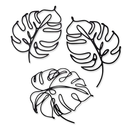 Rajukit 3 Pcs Minimalist Monstera Metal Wall Art, Black Boho Tropical Leaf Line Art Wall Sculpture...