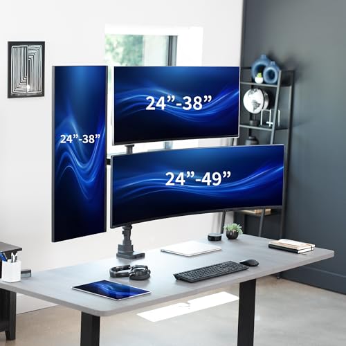 Image of VIVO Pneumatic Arm Triple Ultrawide Monitor Extra Tall Desk Mount for Up to 49 inch Screens, Heavy Duty Clamp, Holds 3 Ultra Wides Up to 44 lbs, Black, STAND-V300D
