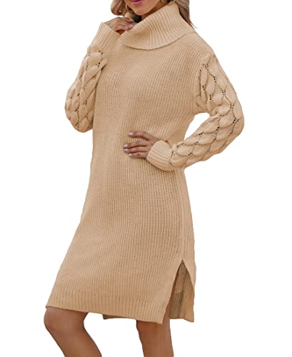Avondii Damen Strick Pulloverkleid Knielang Strickkleid Rollkragen Pulli Kleid Elegant Winterkleid (XL,Khaki) Cover