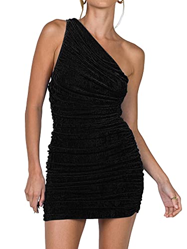 Image of LYANER Women's Sexy One Shoulder Ruched Sleeveless Bodycon Mini Short Dress