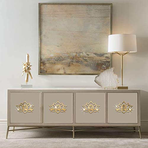 Funlife 16Pcs Lotus Flower Pattern Hollow Self Adhesive Wall Mirror Stickers, Non Glass Small Acrylic Mirror For Home Cabinet Wall Decor, 5.51" X 3.94" Gold #TOP1