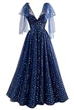 GARDOM Corset Prom Dresses 2026 V Neck Formal Dress with Bow Sparkly Starry Tulle Ball Gown Spaghetti Strap Fairy Evening Party Gown US12 Navy Blue