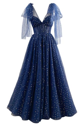 GARDOM Corset Prom Dresses 2026 V Neck Formal Dress with Bow Sparkly Starry Tulle Ball Gown Spaghetti Strap Fairy Evening Party Gown US12 Navy Blue