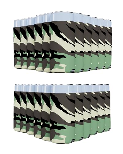 Image of PartyPrints 25 Pack Camo Blank Slim Can Cooler Sleeves | Plain Seltzer Customizable Bulk Coolers for Beer Bottles & 12oz Tall Cans | Skinny Collapsible Drink Insulated Sleeve