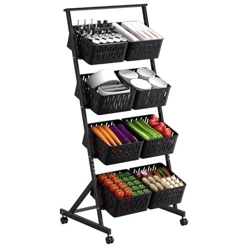 Cesta de almacenamiento apilable de alambre de metal de 4 niveles con ruedas para cocina, despensa, baño, color negro