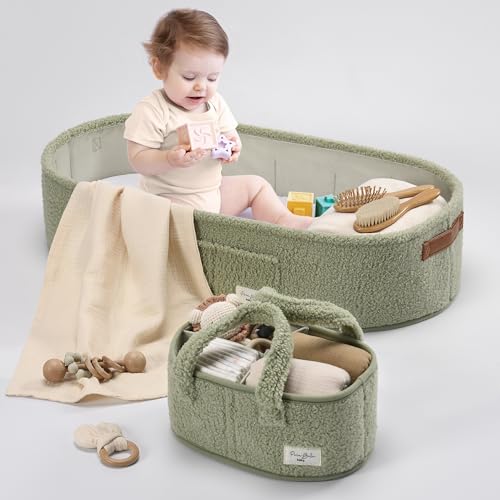 Image of PeraBella Baby Changing Basket for Dresser Top, Baby Moses Basket for Newborn, Portable Diaper Changing Pad Table Topper for Dresser, Includes Diaper Caddy Organizer with Handle, Moses Bassinet Mat