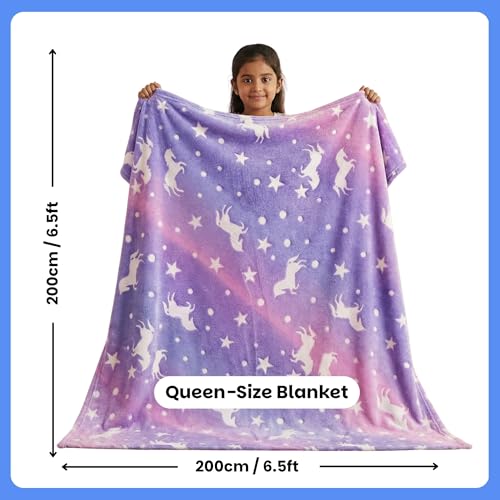 Image of Famyo Unicorn Glow Blanket for Gifting for Kids | Birthday Gift for 0-15 yrs | AC Blanket for Children | Return Gifts, Party Favour | Perfect for Gifting for Niece /Nephew /Son /Daughter (Purple)