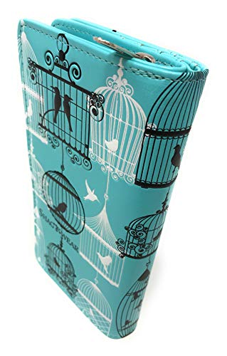 Shag Wear Vintage Bird Cage Large Wallet for Women and Teen Girls Vegan Faux Leather Blue 7"2