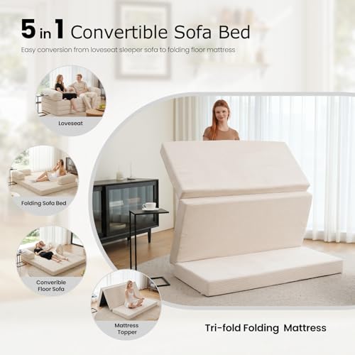 Image of Convertible Sofa Bed, Tri-Fold Foldable Mattress with Removable Arms & Washable Cover, Portable Mattress Futon Sofa Bed, No Assembly Required & Non-Slip, Queen Size, Beige
