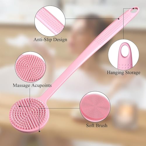 Image of Silicone Bath Brush with Long Handle - Soft Bristles Back Scrubber for Shower | Body Massage - Exfoliating Dirt Removal Brush for Men | Women (Pink)