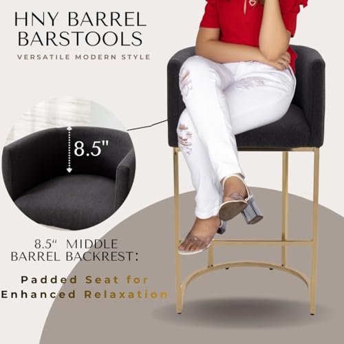 Image of HNY Modern Barrel Counter Height Clearance Bar Stool, 32 Inch Linen Kitchen Barstool with Back for Island, with Gold Metal Tubular Frame, Charcoal