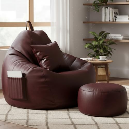 Image of 4XL Bean Bag Chair with Footrest & Cushion | Pre-Filled Beans | PVC Leatherette Lounger Sofa | Indoor & Outdoor Bean Bag with Pocket & Handle | Double Stitching | 6 Months Warranty Color- (Maroon)