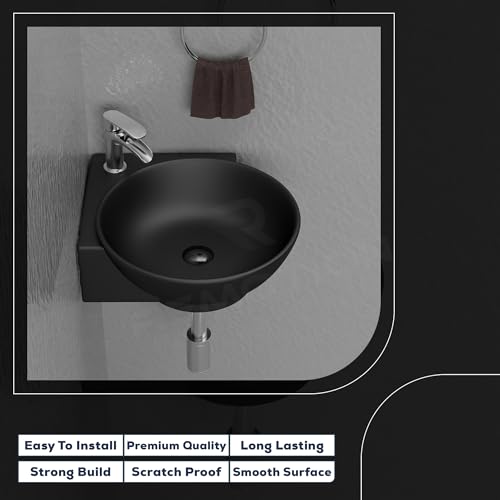 Image of REMOTION Wall Mounted Wash Basin for Bathroom | Wall Hung Corner Sink | Ceramic Round Wall Hung Wash Basin | Wall Hung Small Corner Basin (16.3 x 13.8 x 4.3 Inch) (Matte Black)