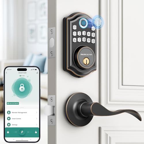 Image of AkaGear DS10 Pro Keyless Entry Door Lock with Lever Handle Set, Bluetooth APP Control, Fingerprint Door Locks, Electronic Keypad Deadbolt Lock, Smart Doors Lock, Auto-Lock, Oil Rubbed Bronze